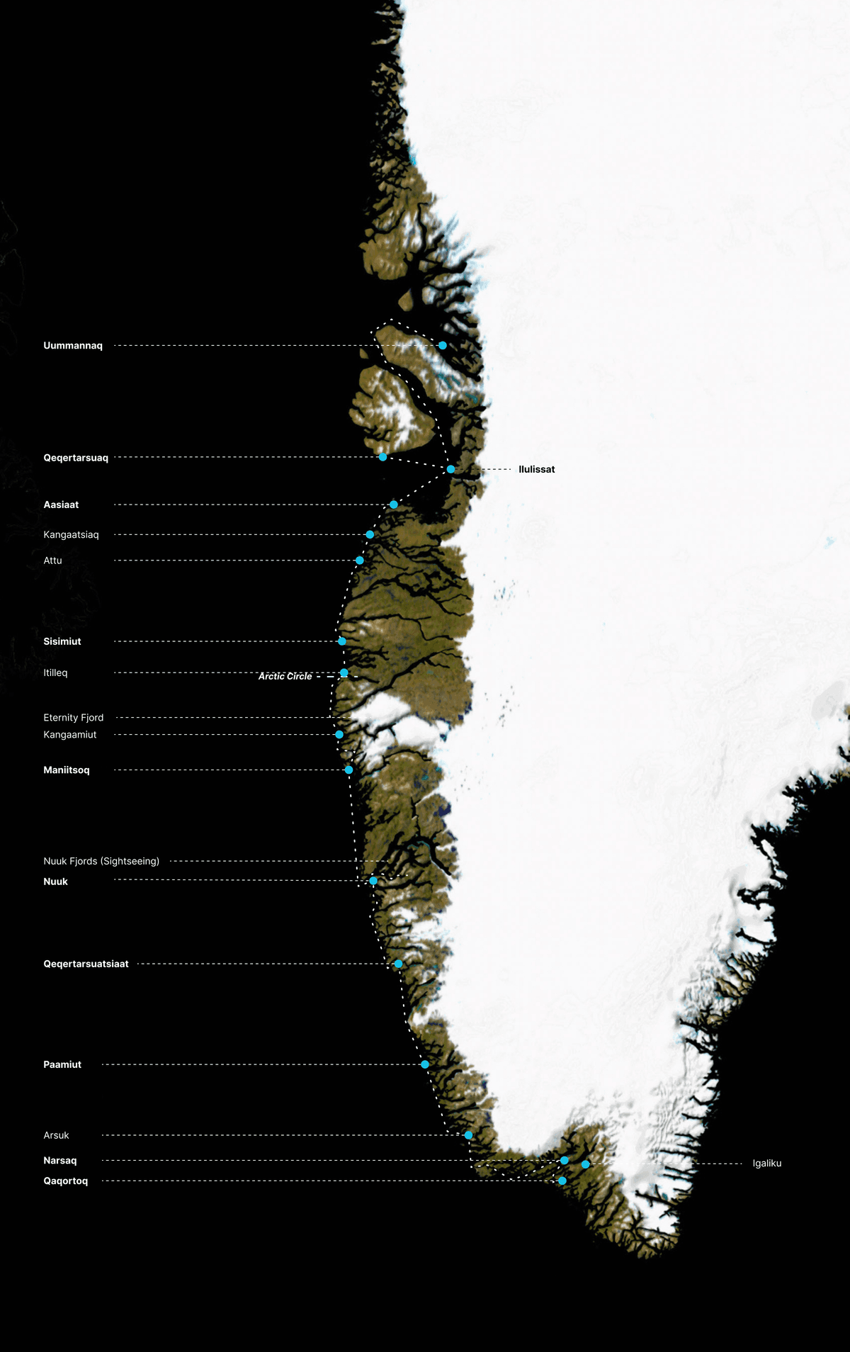 The South to North Voyage,Die Süd-Nord-Reise,Syd til Nord Rejsen,Kujataaniit avannaanut angalaneq map